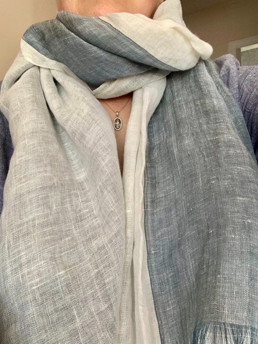 Silk and Linen Blend Two Tone Scarf in Natural White and Grey-Blue